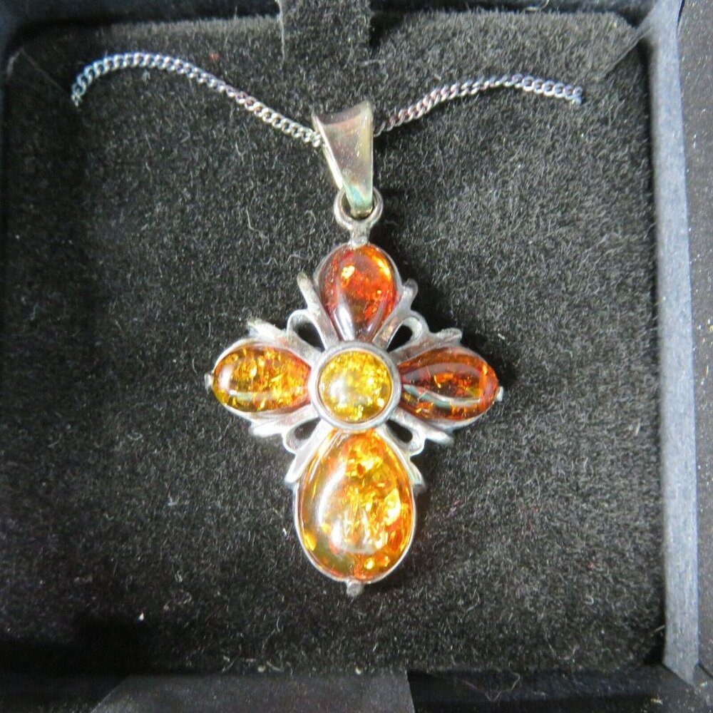 Sterling Silver and Amber Cross Pendant Necklace 925 Poland 17.5 in Chain - Picture 2 of 5